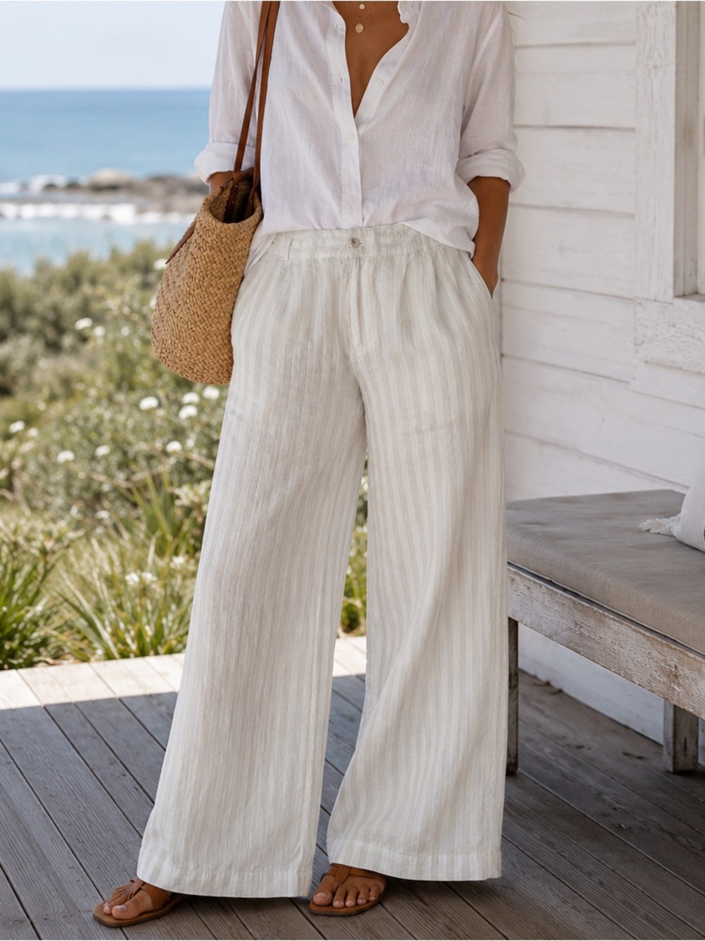 Torrid Linen Blend Wide Leg Stripe Pants Women’s 20 White Tan Coastal Lagenlook